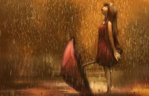 Mädchen mit gesenktem Schirm genießt den Regen