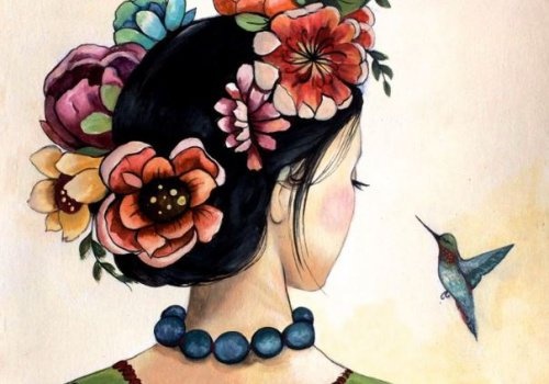 Frau mit Blumen im Haar denkt an ihr Leben