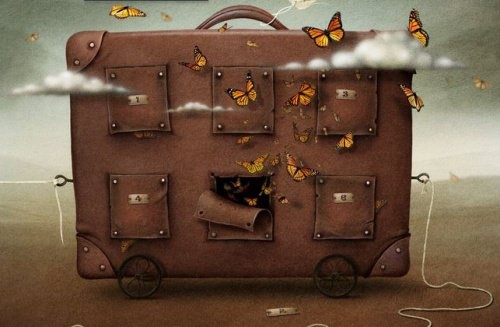 Koffer-und-Schmetterlinge symbolisieren das Leben