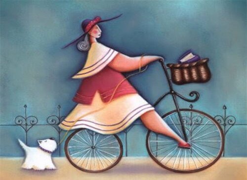 Frau mit Hund auf dem Rad sagt ich liebe mich