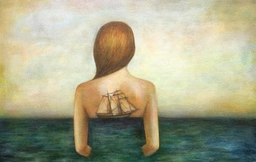frau-mit-schiff-am-ruecken-zeit