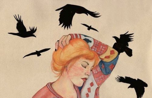 Vögel schwirren um eine Frau liebe