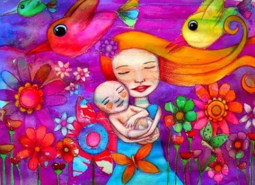 Mutter und Baby zwischen Blumen