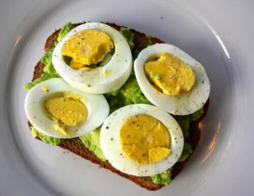 Frühstück zum Abnehmen mit Mixgetränk, Toastbrot, Avocado und gekochtem Ei
