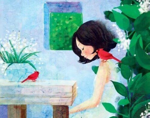 Ein Mädchen mit hängendem Kopf und einem Vogel auf der Schulter wird sich bewusst darüber, dass sie Taten statt Worte braucht.