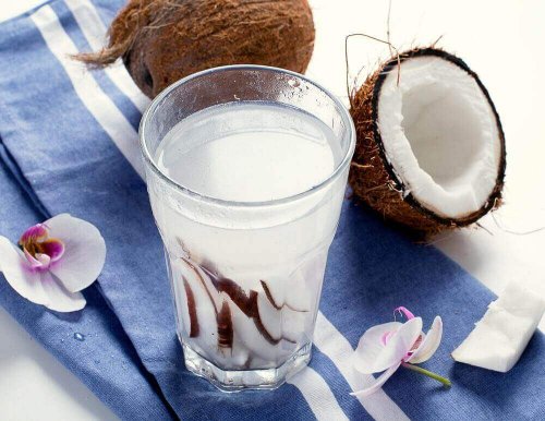 Ein Glas ist gefüllt mit Kokosnussmilch und im Hintergrund befinden sich zwei Kokosnüsse.