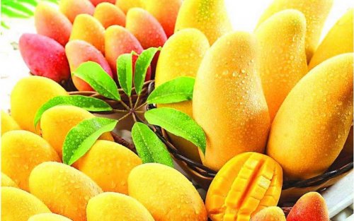 Es sind viele Mangos in Körben aufgereiht, eine ist sogar aufgeschnitten.