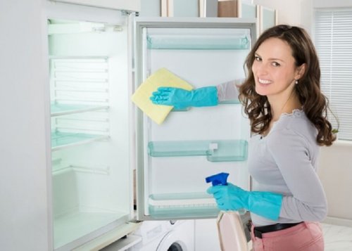 Frau reinigt Kühlschrank