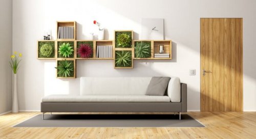 Ein Wohnzimmer mit einer Wohnwand bestehend aus vertikalen Gärten.