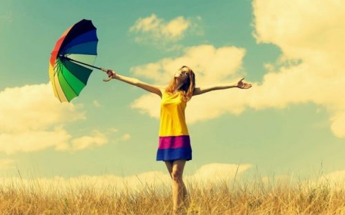 die Bedeutung der Farben, Frau mit buntem Regenschirm