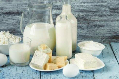 Verschiedene Milcherzeugnisse, wie Käse und Milch.