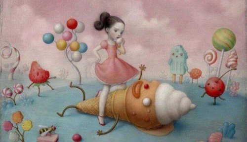 Zeichnung eines Mädchens, das über einer Eiscreme-Gestalt steht. Das Kind ist verwöhnt.