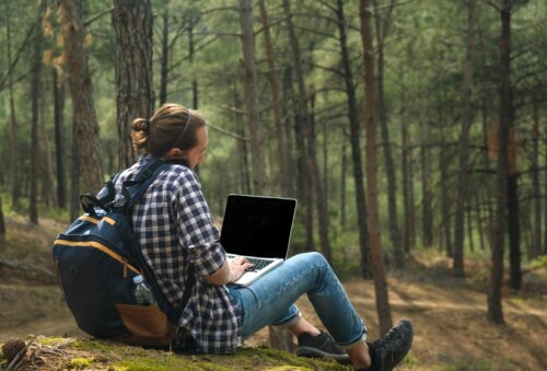 Mann auf Workation im Wald